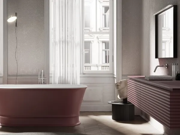 Si tinge di rosso porpora il bagno con la vasca Dekò Disenia e gli arredi Dolcevita Ideagroup
