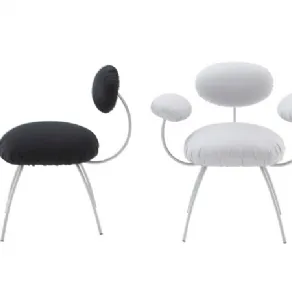 veduta laterale di sedia con rivestimento nero, veduta frontale di sedia con rivestimento bianco