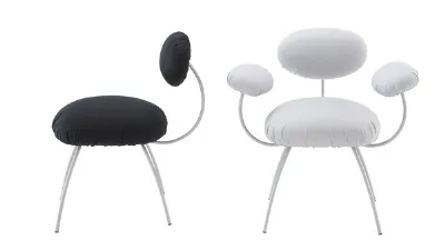 veduta laterale di sedia con rivestimento nero, veduta frontale di sedia con rivestimento bianco
