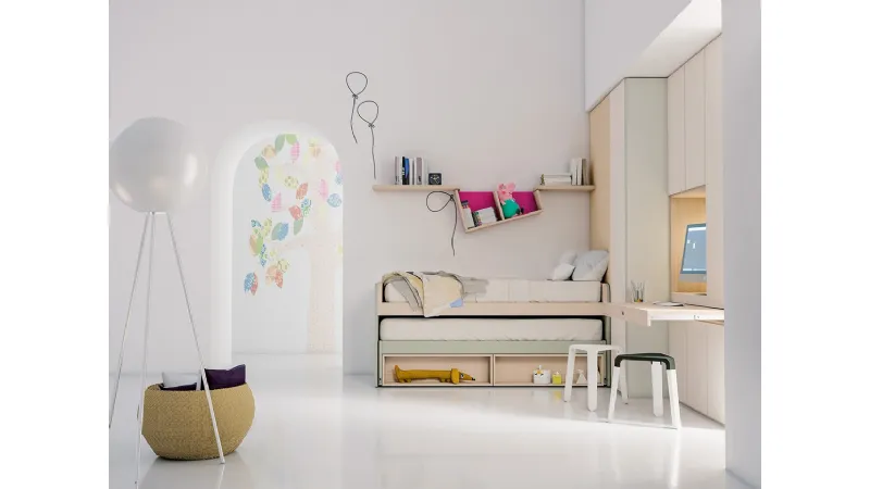 Un'atra immagina della cameretta con letto estraibile Cartesio accessoriata con scrittoio a scomparsa