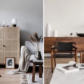 Mobili bassi, tappeti, ceramiche, uso del legno, della pelle e del tessuto per arredare in stile Japandi