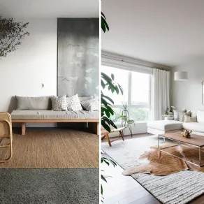 Divani bassi, toni chiari, luce naturale, un divano lineare ed una poltrona contornati da un tappeto delineano lo stile Japandi di questi living