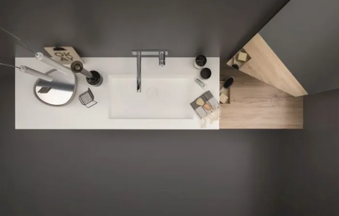 Birex, Collezione 45: lo specchio “side” è progettato per collocarsi a lato del lavabo