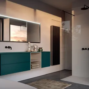 È di un bellissimo colore verde bluastro il mobile bagno laccato soft touch della linea Form
