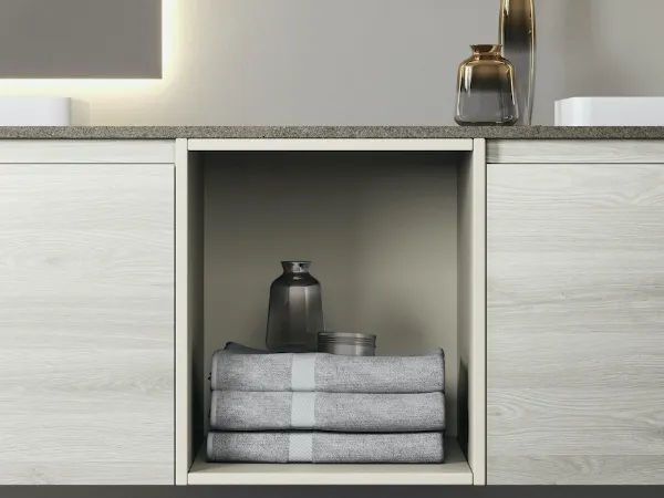 Collezione Nyù. Vano a giorno presente su entrambe le basi con piano in Gres Jasper