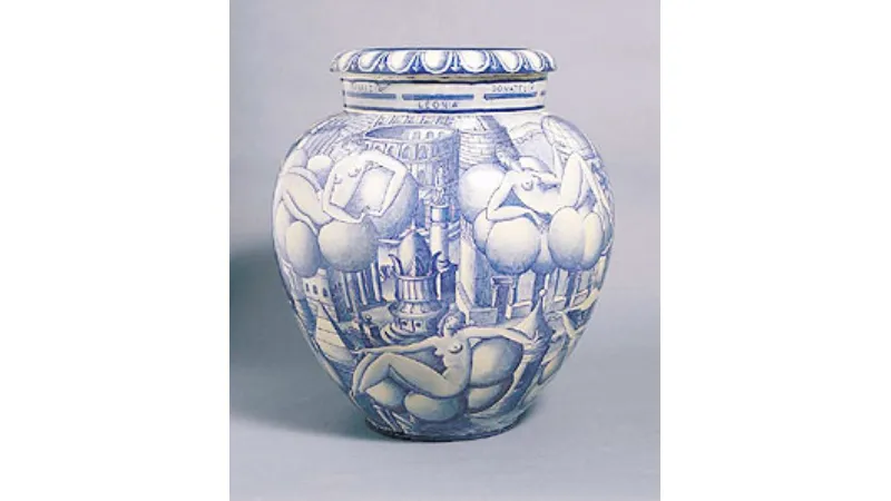 Vaso blu e bianco con donne nude