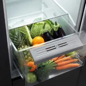 scomparto inferiore trasparente in interno frigo con verdura