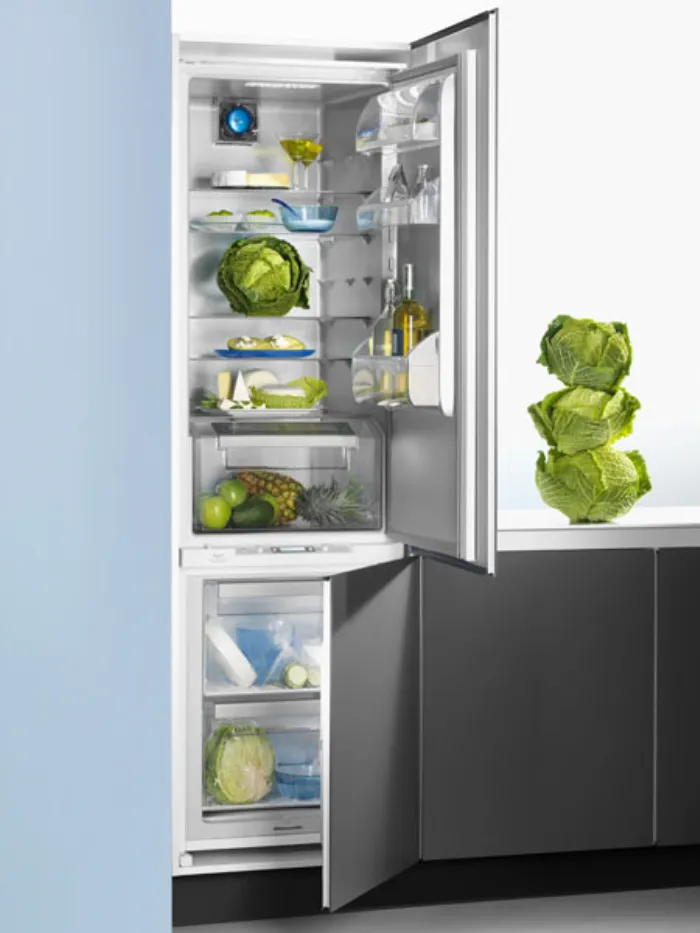frigorifero a doppia anta aperto con cavoli