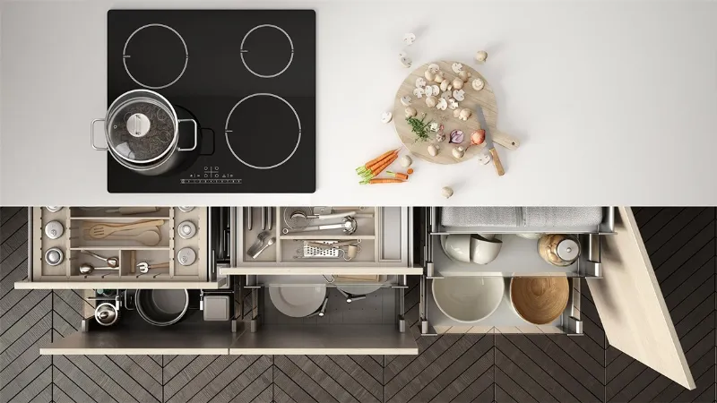 Cucina ad isola vista dall'alto, marchio Lube, modello Telese