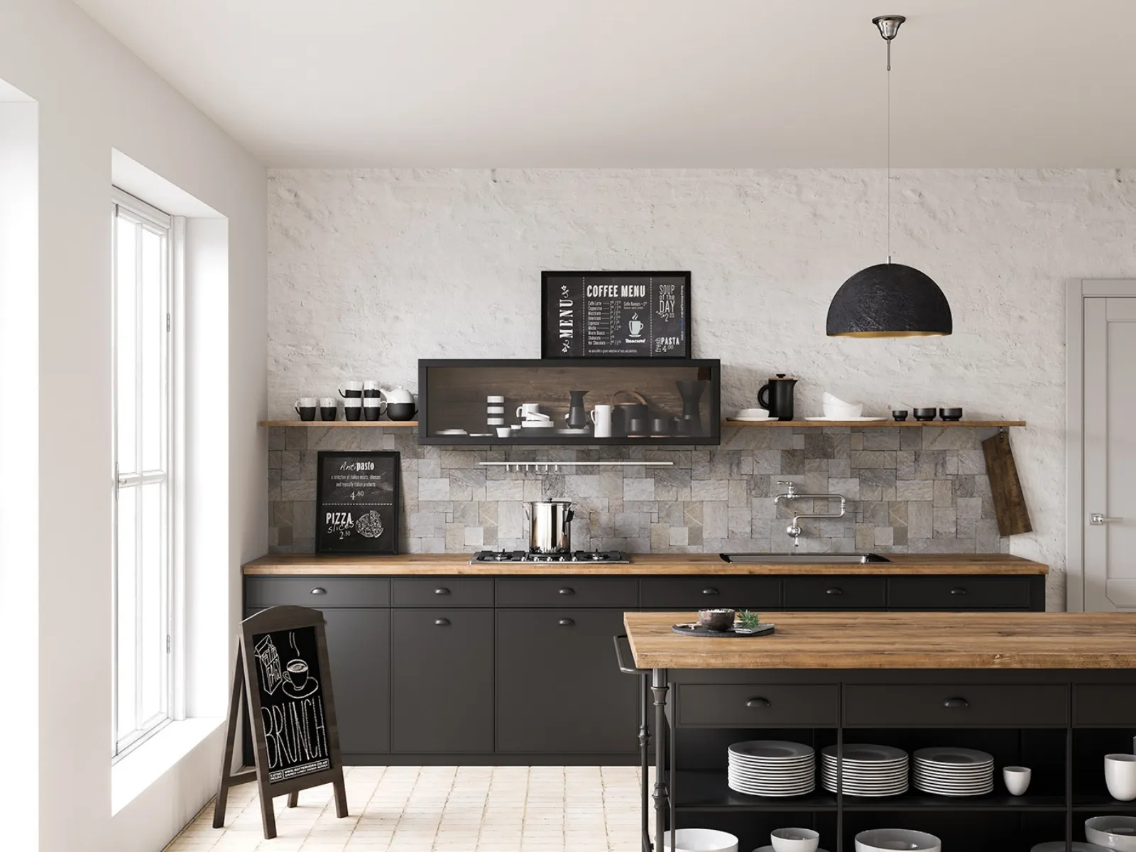 Cucina lineare stile INDUSTRIAL + pensili mensole colonna