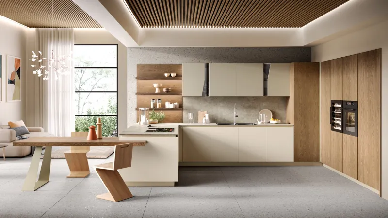 Venere 5, Cucina con penisola, tavolo integrato e colonna ad angolo lavanderia di Moretti Compact Cucine