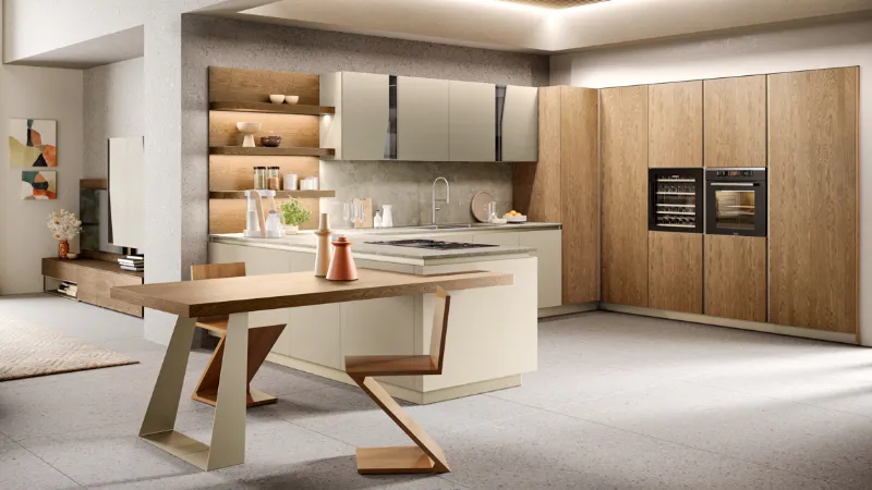 Venere 5, Cucina con penisola, tavolo integrato e colonna ad angolo lavanderia di Moretti Compact Cucine