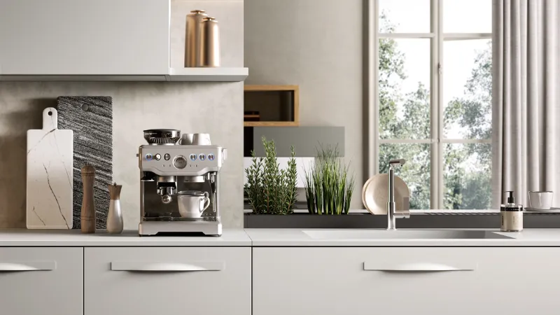 Moon 2, Cucina ad angolo con piano snack di Moretti Compact Cucine