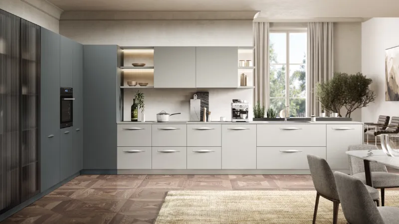 Moon 2, Cucina ad angolo con piano snack di Moretti Compact Cucine