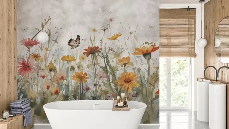 Un prato fiorito dietro la vasca da bagno per la carta Fiori e Farfalle di Uwalls