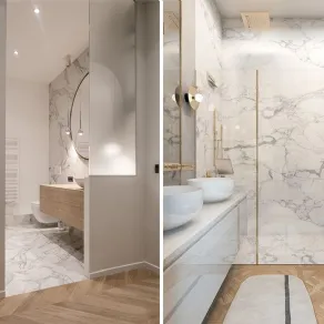Marmo e legno, anche in bagno, per un'atmosfera chic e preziosa