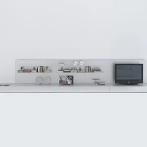 struttura modulare bianca con schermo tv, libri e piatti