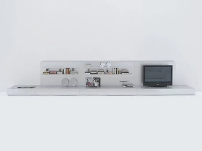 struttura modulare bianca con schermo tv, libri e piatti
