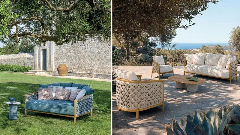 Collezione Patio di Ethimo, legno di teak e corda nautica