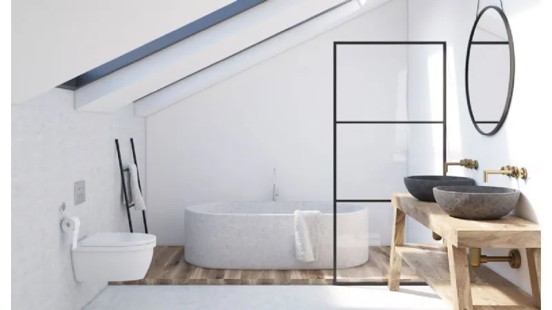 Bagno in mansarda con mobile rustico e due lavabi da appoggio