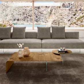 Tavolino Lean in vetro e legno curvato di Lago