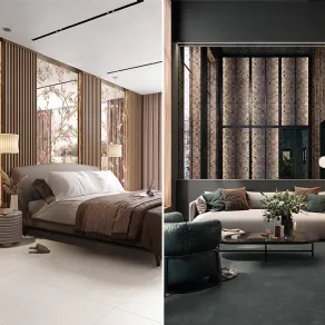 Due ambientazioni della nuova linea Miroir di Mirage effetto specchiato