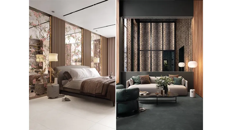 Due ambientazioni della nuova linea Miroir di Mirage effetto specchiato