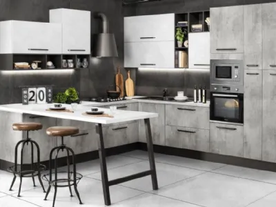 Cucina Like Mondo Convenienza con penisola e sgabelli industrial style