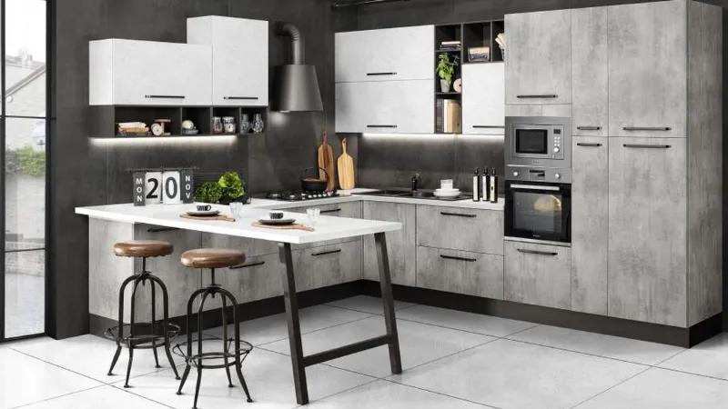 Cucina Like Mondo Convenienza con penisola e sgabelli industrial style