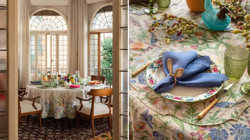 Blooming Flowers: tovaglia in lino ricamata a mano - La Gallina Matta