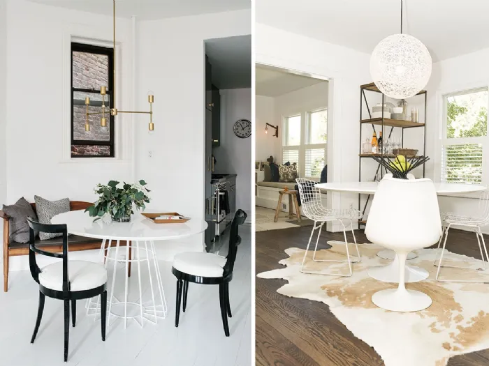 Due ambienti arredati con tavoli bianchi di design