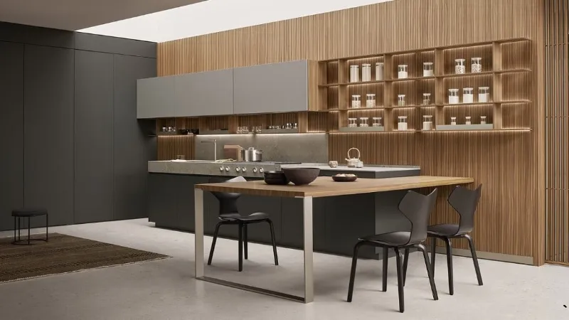 La cucina Sign di Ernestomeda si sviluppa su un unico blocco alla cui estremità c’è un pratico tavolo a penisola