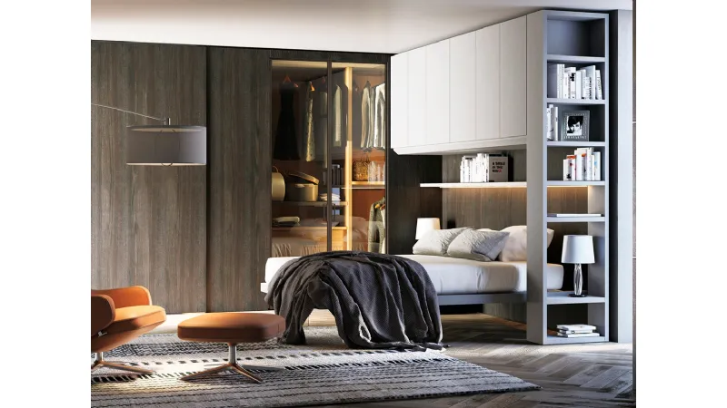 La cabina armadio autoportante Stand Up di Dielle Domus permette soluzioni d'arredo innovative grazie alla composizione a ponte con letto abbinato