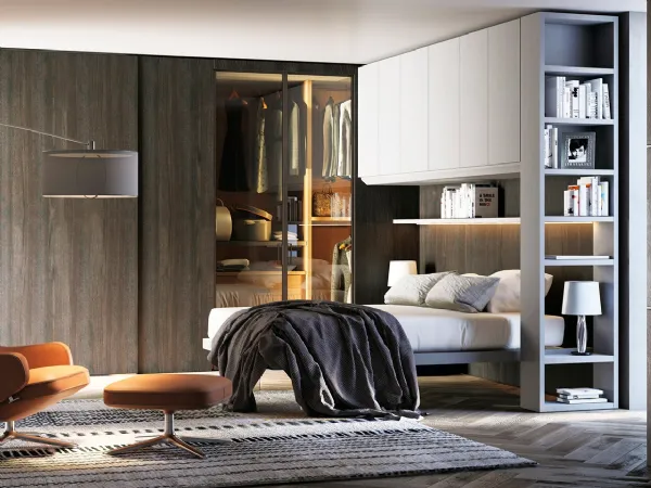 La cabina armadio autoportante Stand Up di Dielle Domus permette soluzioni d'arredo innovative grazie alla composizione a ponte con letto abbinato